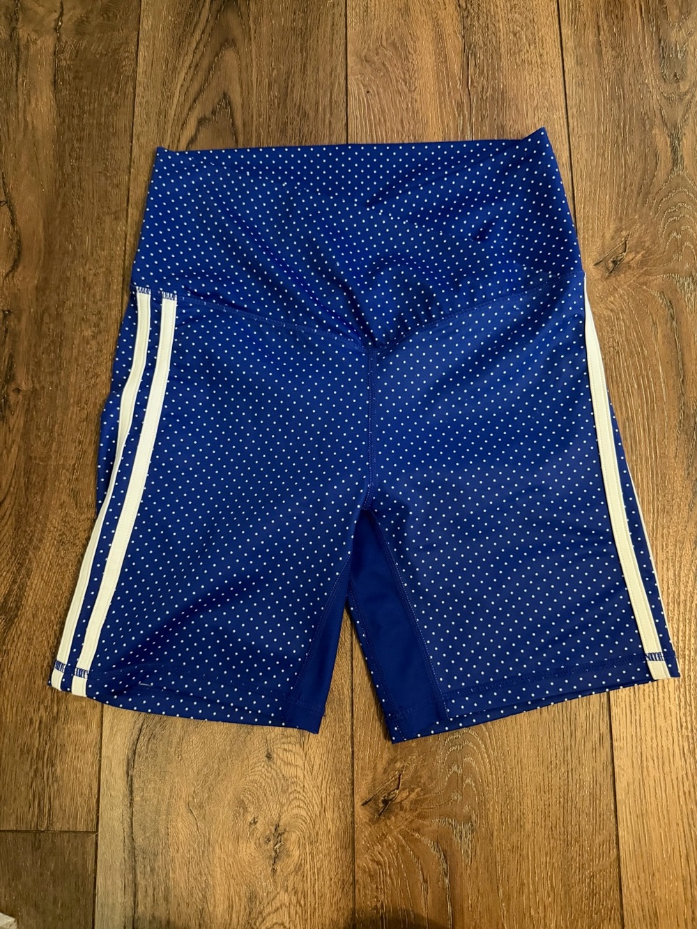 High-Rise Royal Blue Polka Dot Athletic Bike Shorts with White Side Stripes